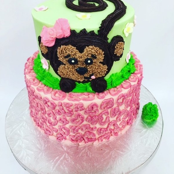 Two Tier Monkey and Pink Leopard Print Cake