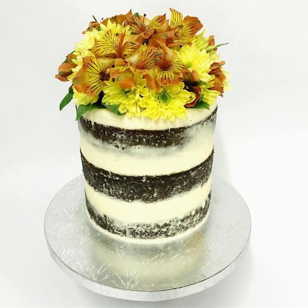 Cream Naked cake with Golden Flowers