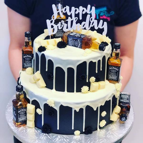 Smooth Black with White Chocolate Drip and Jack Daniels Bottles