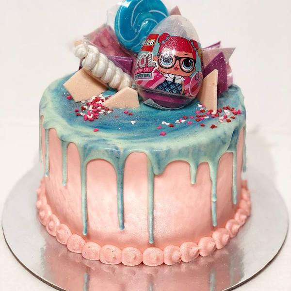 Smooth Pink LOL Doll Cake With Blue Marbled Drip