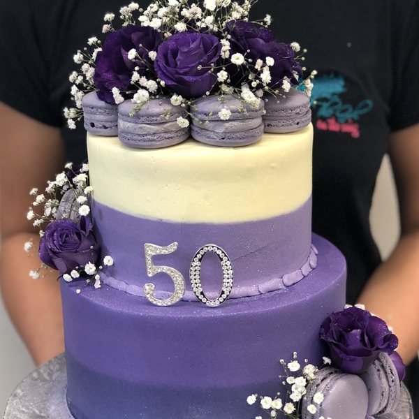 Two Tier Ombre Purple With Macarons and Fresh Flowers