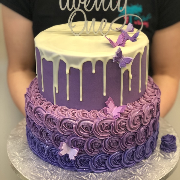 Two Tier Ombre Purple Roses and Smooth Purple with White Chocolate Drip and Toppers