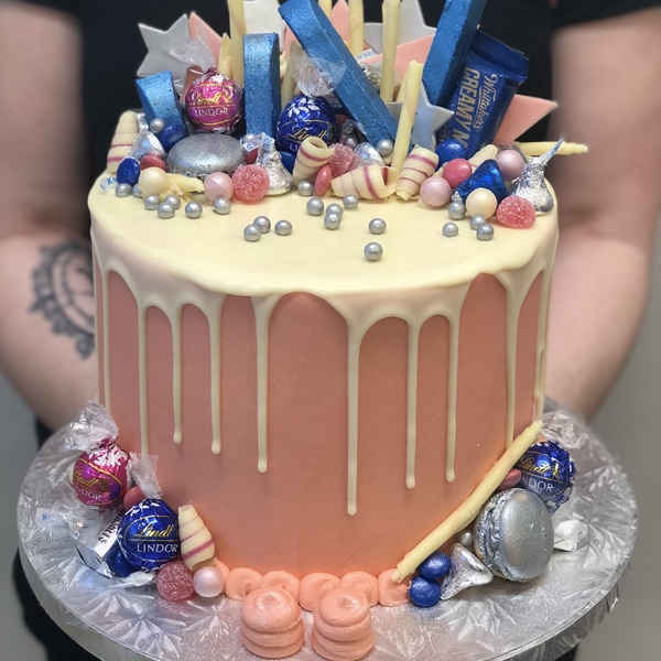 Pink, Blue and Silver Overload with White Chocolate Drip 