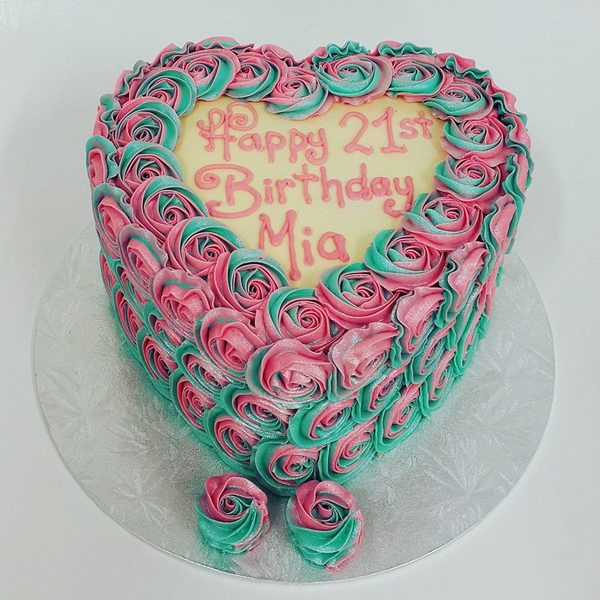 Heart Shaped Two Tone Teal and Pink Rose Cake