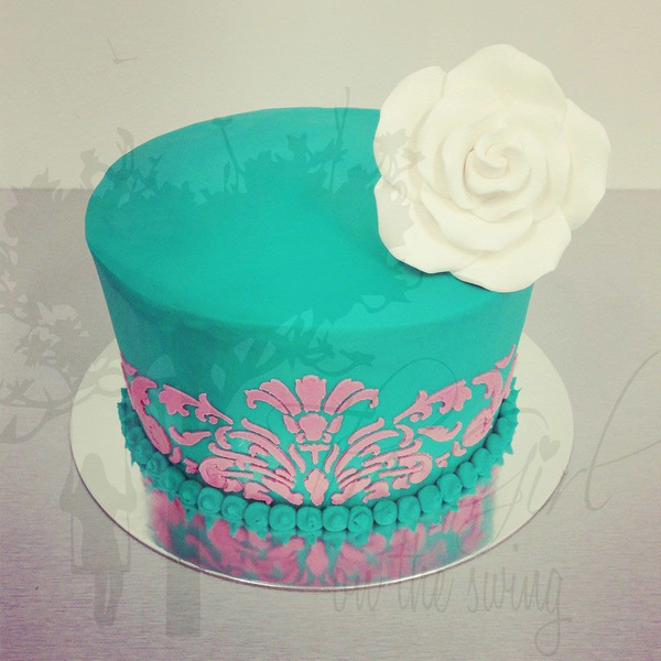 Smooth Teal with Pink Stencil Cake