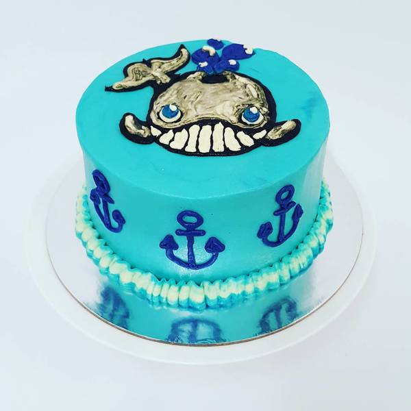 Smooth Blue Cake with Piped Whale and Anchors Cake