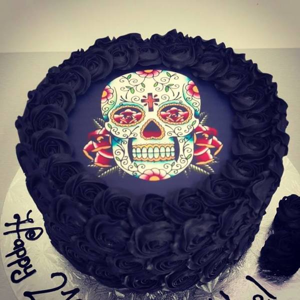 Black Roses with Sugar Skull Edible Image Cake
