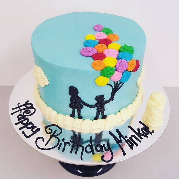 Smooth Blue Cake with Silhouettes and Balloons