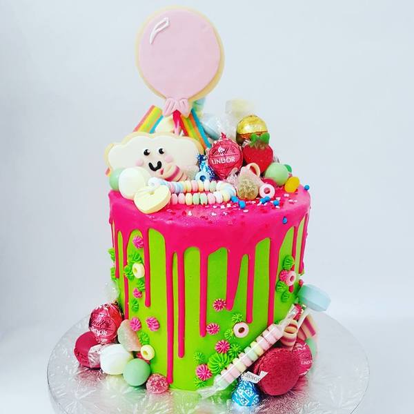 Bright Green and Pink Drip Lolly Overload Cake