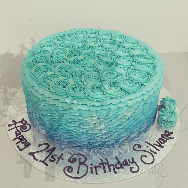 Blue Ombre Rose and Frill Cake