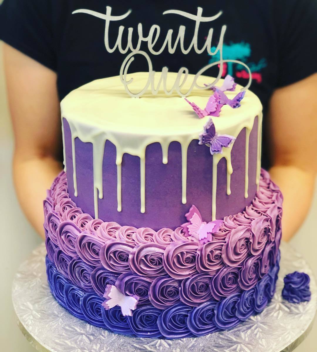 Two Tier Purple Ombre Rose Drip Cake - The Girl on the Swing